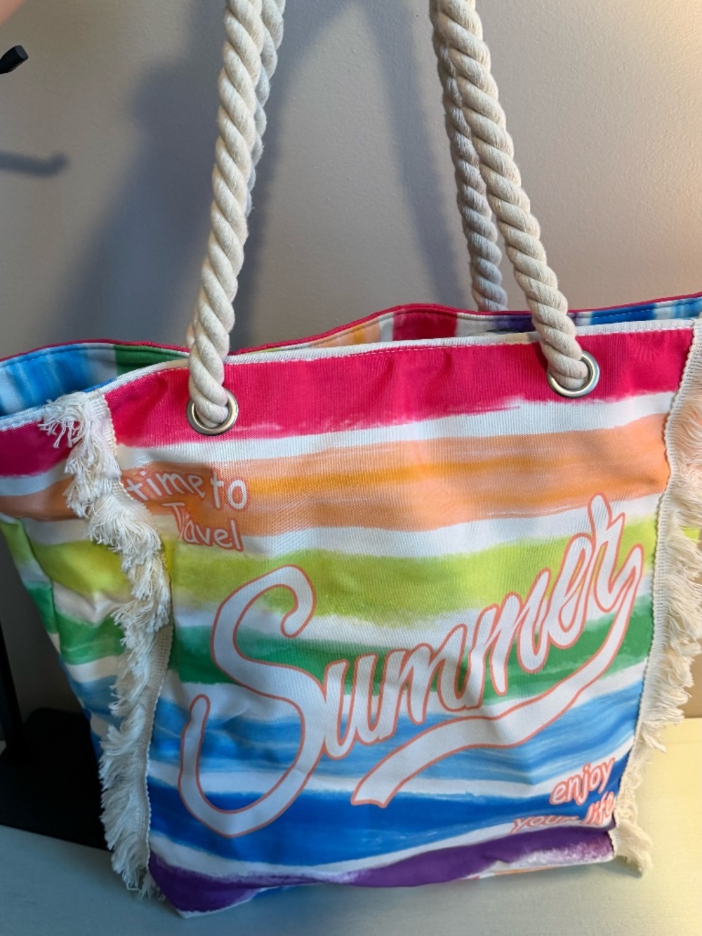 Large Rainbow Summer Beach Bag with Rope handles